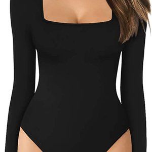 MANGOPOP Women's Square Neck Short Sleeve Long Sleeve Tops Bodysuit Jumpsuit